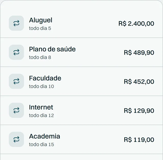 Tela Contas fixas